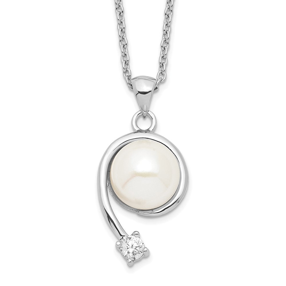 Sterling Silver Rhodium-plated 8-9mm White Button Freshwater Cultured Pearl and CZ 17 inch Necklace 17 Inches