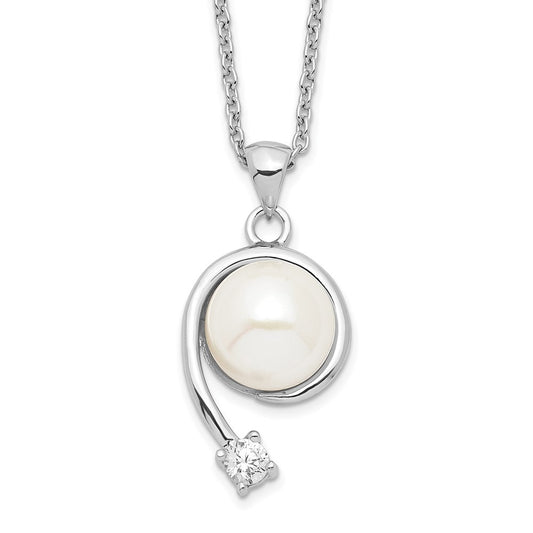 Sterling Silver Rhodium-plated 8-9mm White Button Freshwater Cultured Pearl and CZ 17 inch Necklace 17 Inches