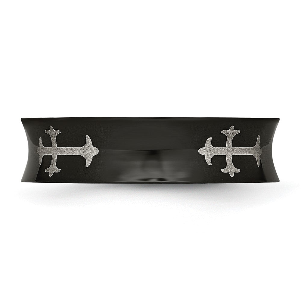 Stainless Steel Polished Black IP-plated Cross 6mm Concave Band Size - 7.5