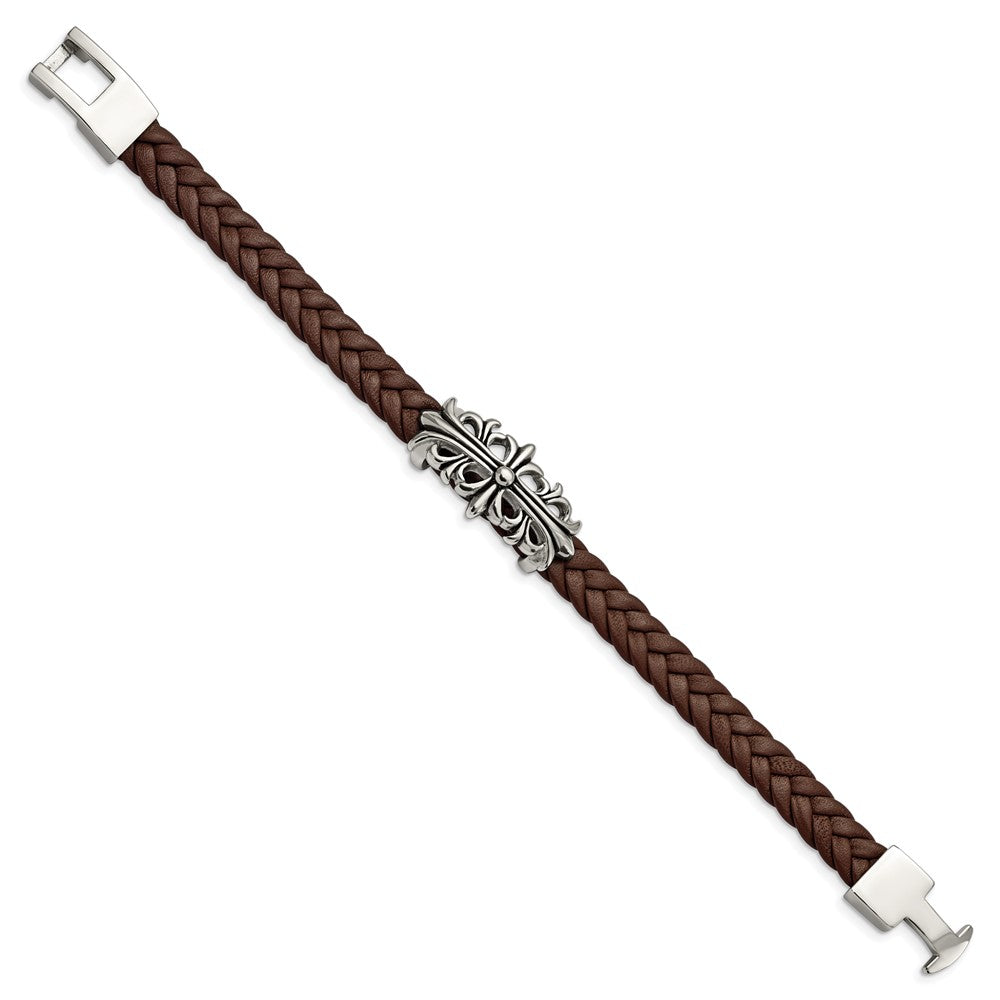 Stainless Steel Antiqued and Polished Brown Leather Filigree Bracelet 8.5 inches