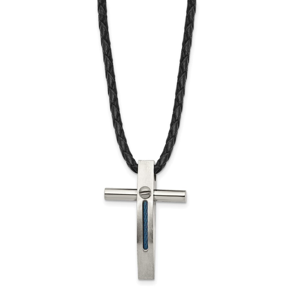 Stainless Steel Brushed & Polished Blue IP Cable Cross 18in Leather Necklac