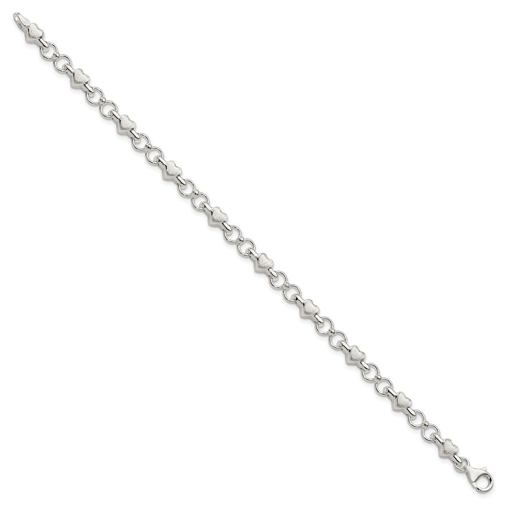 Sterling Silver Polished and Brushed Hearts and Circles Bracelet 7.5 inches