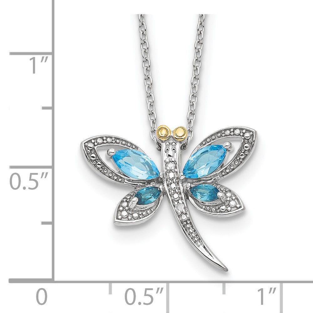 Brilliant Gemstones Sterling Silver with 14K Accent Rhodium-plated Light Blue Topaz and London Blue Topaz and Diamond Dragonfly 18 Inch Necklace with 2 Inch Extender 17 Inches