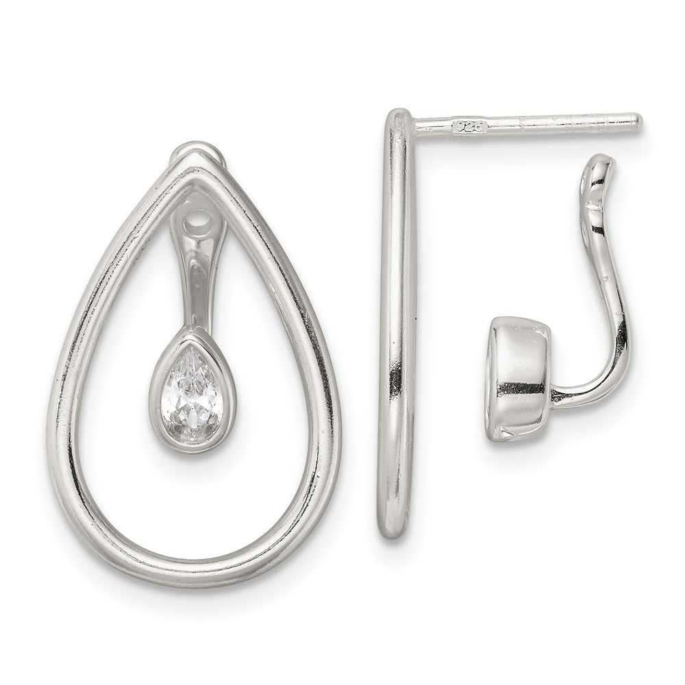Sterling Silver Polished Teardrop w/Drop and Dangle CZ Threader Post Earrin