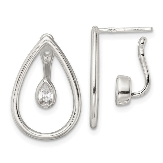 Sterling Silver Polished Teardrop w/Drop and Dangle CZ Threader Post Earrin