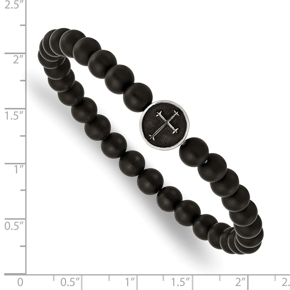 Stainless Steel Antiqued & Polished Black Agate Cross Stretch Bracelet 7 inches