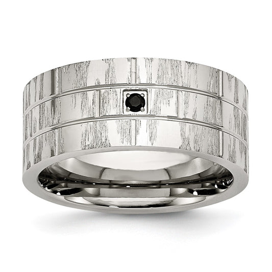 Stainless Steel Brushed and Polished w/Black CZ 10mm Flat Band Size - 11