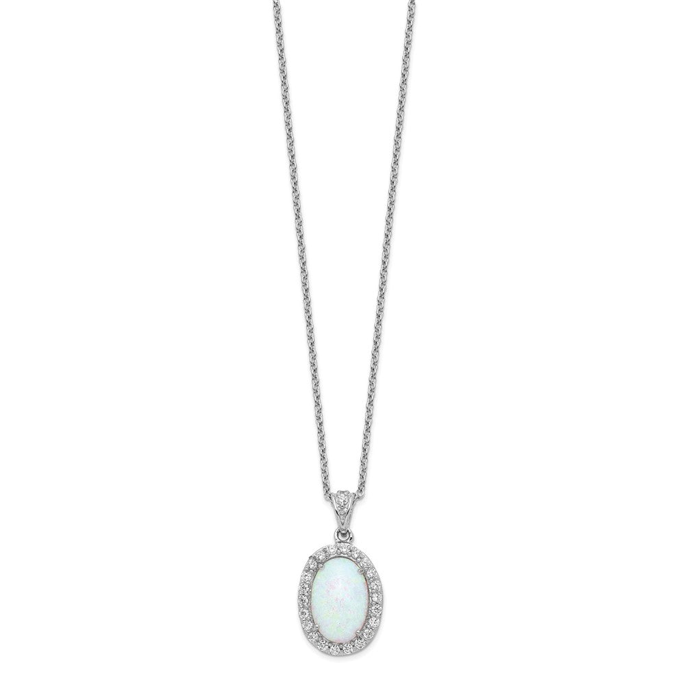 Cheryl M Sterling Silver Rhodium-plated Cabochon Lab Created Opal and Brilliant-cut CZ Oval Halo 18 Inch Necklace 18 Inches