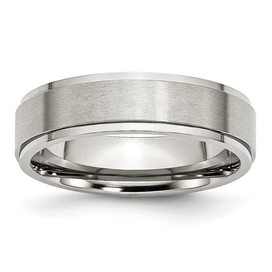 Stainless Steel Polished w/Brushed Center 6mm Ridged Edge Band Size - 9