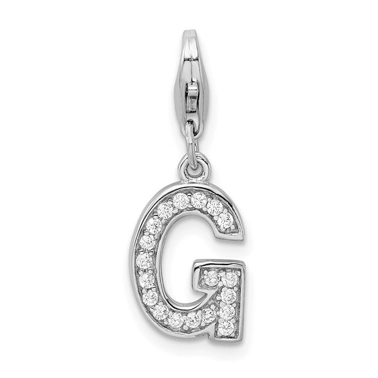 Amore La Vita Sterling Silver Rhodium-plated Polished CZ Letter G Initial Charm with Fancy Lobster Clasp