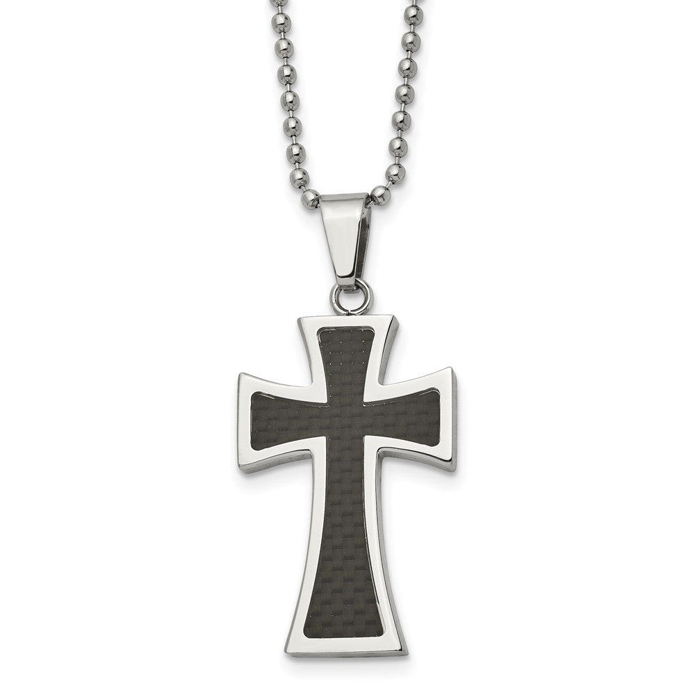 Stainless Steel Polished w/Carbon Fiber Inlay Cross 22in Necklace