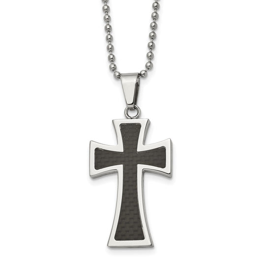 Stainless Steel Polished w/Carbon Fiber Inlay Cross 22in Necklace