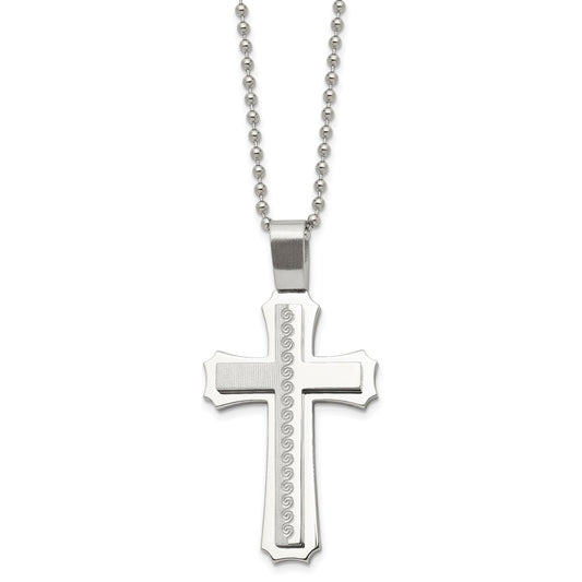 Stainless Steel Brushed and Polished Cross 24in Necklace