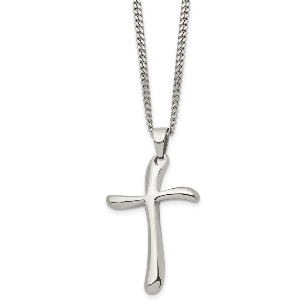 Stainless Steel Polished Wavy Cross  22in Necklace
