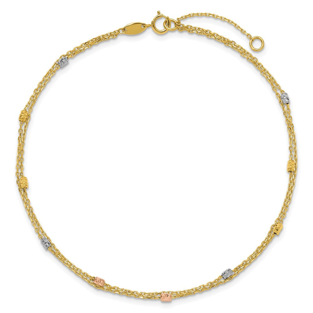 14K Tri-color Polish/Dia-cut 2-Strand 9in Plus 1in ext. Anklet