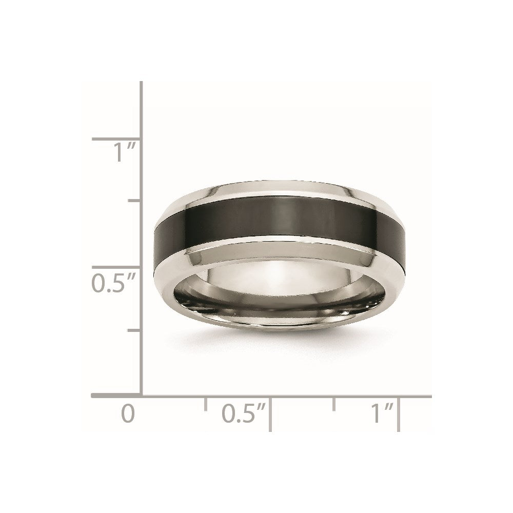 Stainless Steel Base w/Polished Black Ceramic Center Beveled Band Size - 7