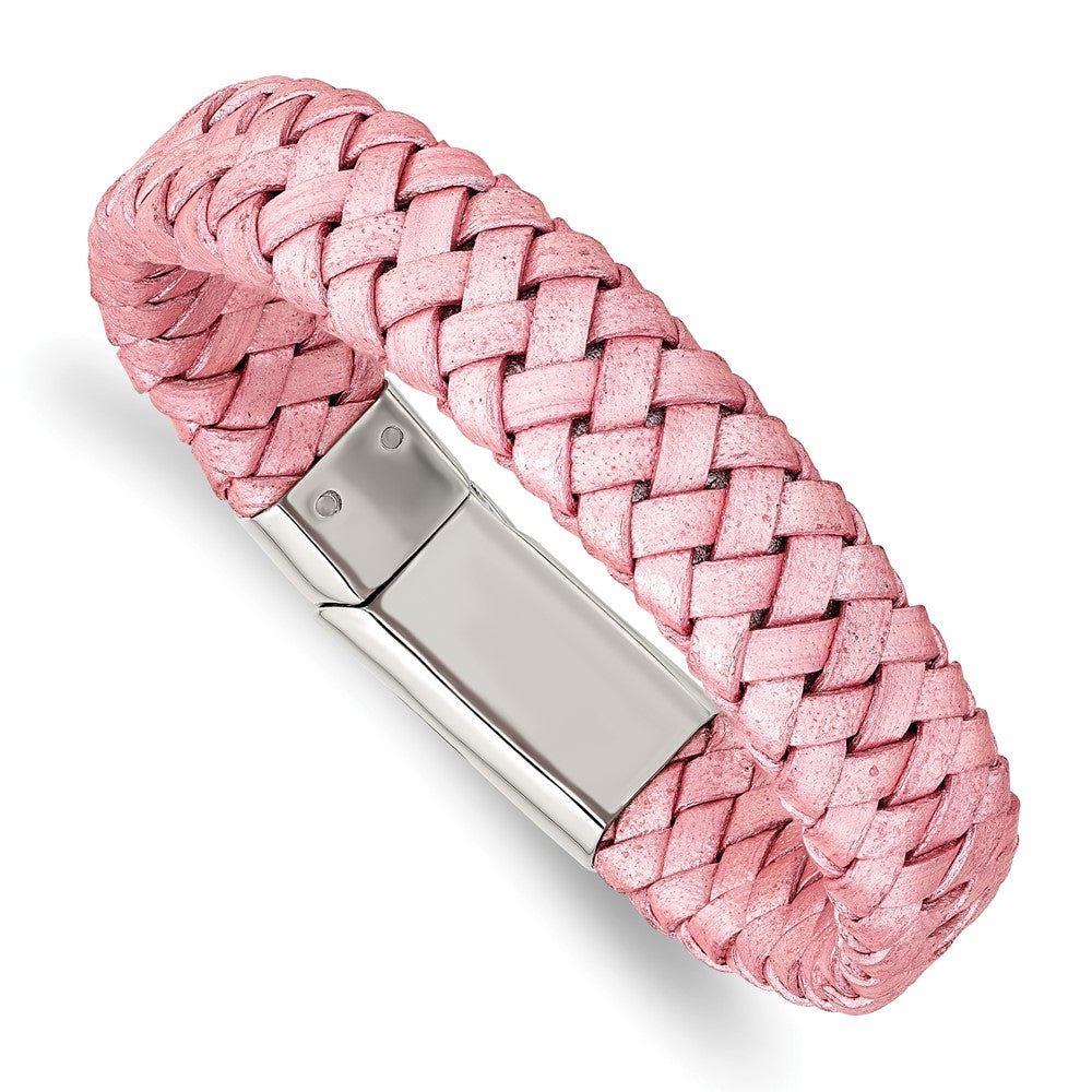 Stainless Steel Polished Metallic Pink Woven Leather 7.5in Bracelet 7.25 inches