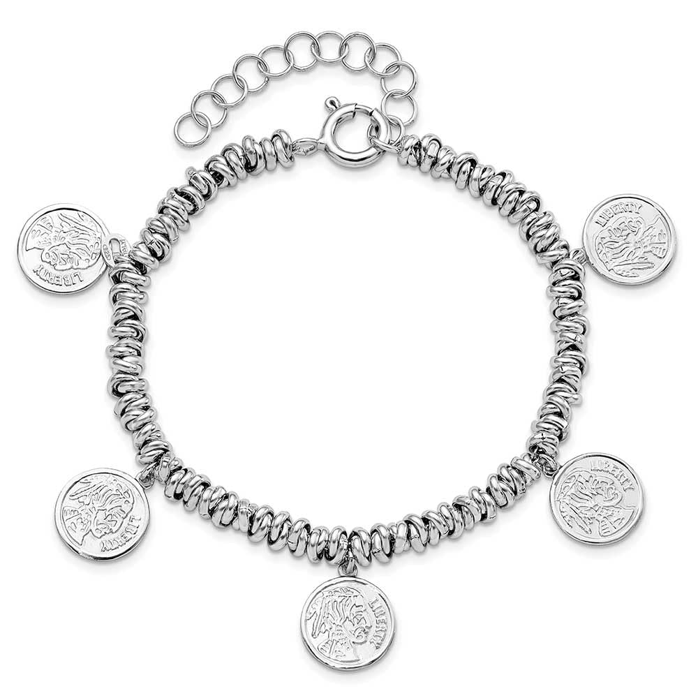 Sterling Silver Rhodium-plated Polished Coin Charm w/ 2in ext. Bracelet