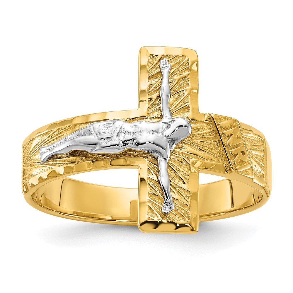14k Two-tone Polished & Diamond-Cut Mens Crucifix Ring Size 10