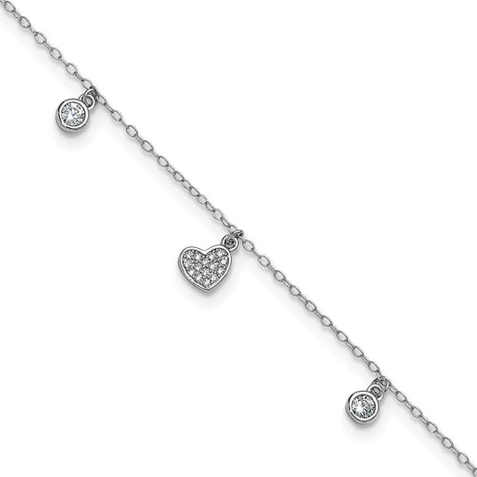 Cheryl M Sterling Silver Rhodium-plated Polished CZ Heart 9.5 Inch with 1 Inch Extension Anklet 9.5 inches