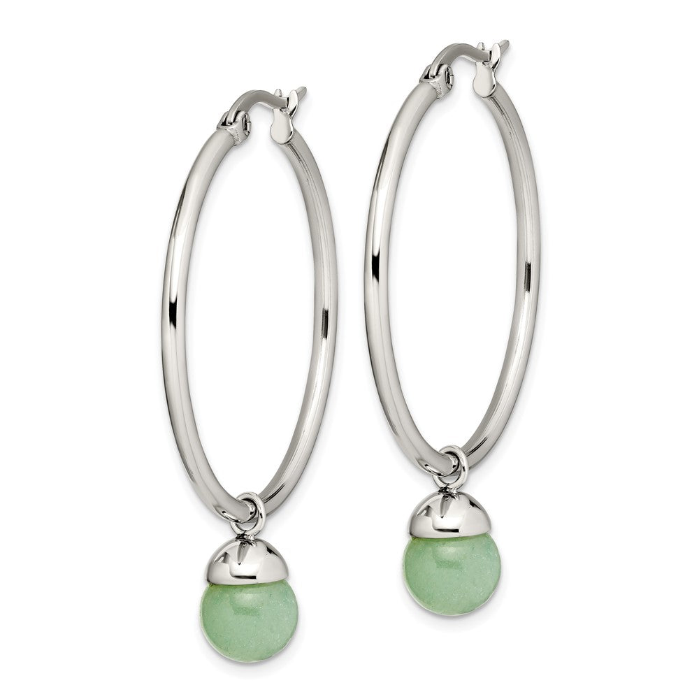 Stainless Steel Polished w/Green Aventurine Bead Hoop Earrings