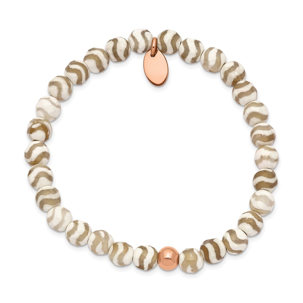 Stainless Steel Polished Rose IP White Wave Agate Stretch Bracelet 6.25 inches