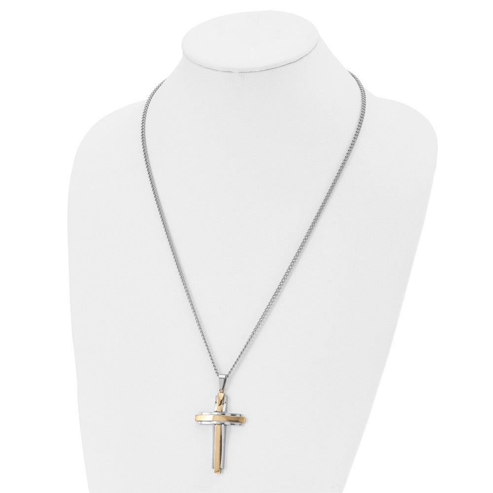 Stainless Steel Polished Yellow IP-plated Cross 24in Necklace