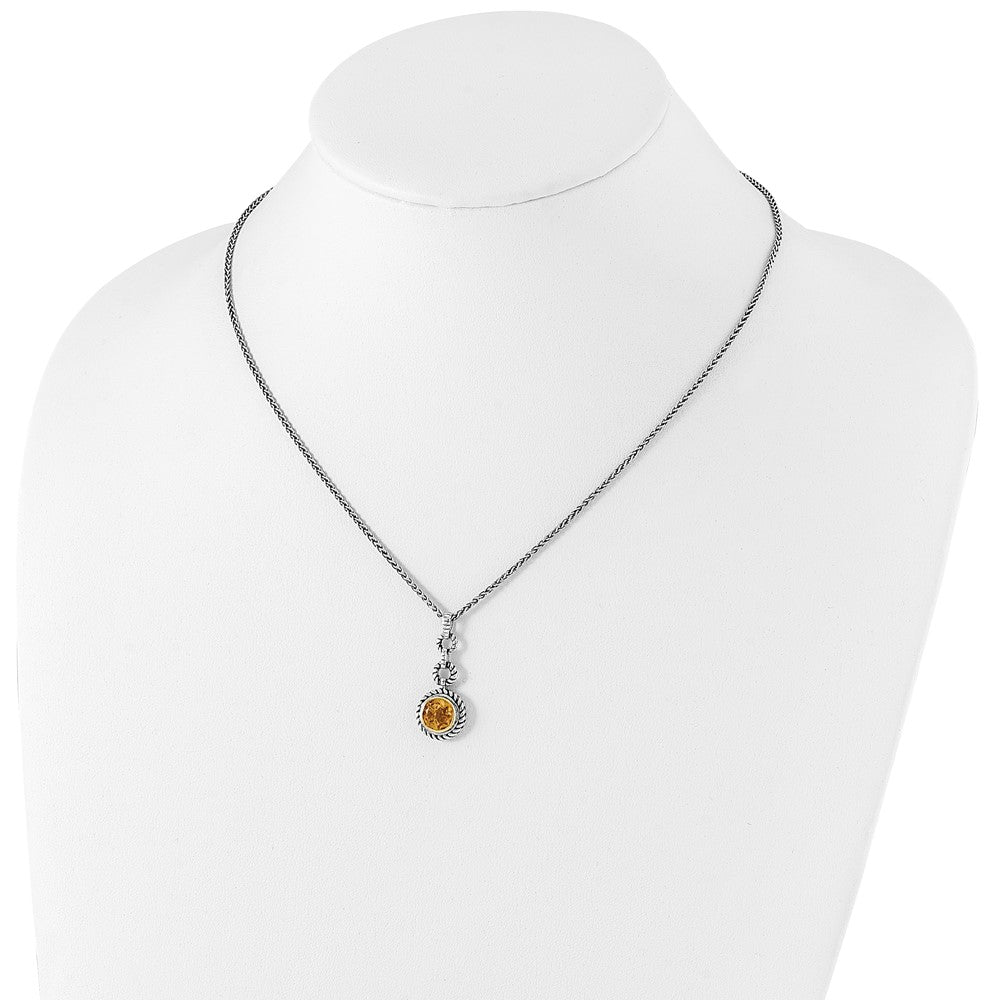 Shey Couture Sterling Silver Gold-tone Flash Gold-plated 18 Inch Antiqued Round Bezel Citrine Necklace 18 Inches