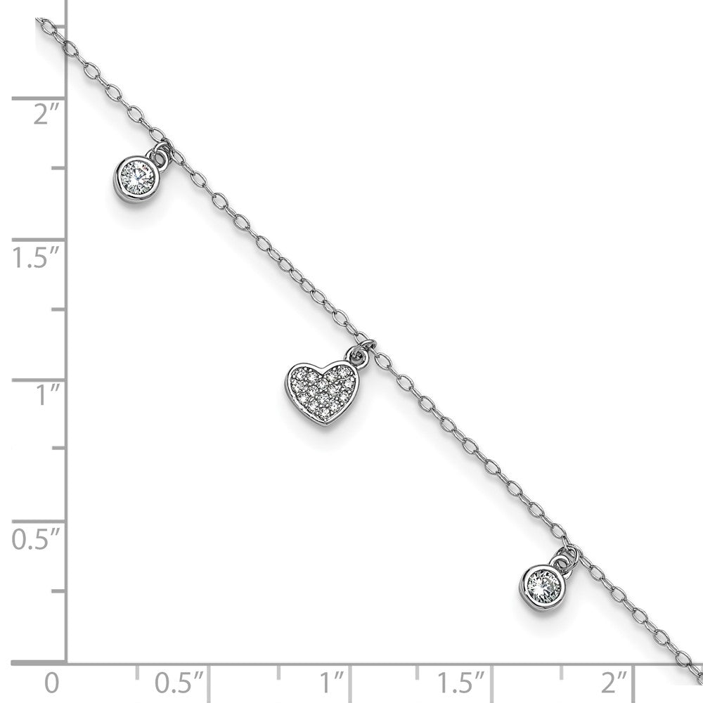 Cheryl M Sterling Silver Rhodium-plated Polished CZ Heart 9.5 Inch with 1 Inch Extension Anklet 9.5 inches