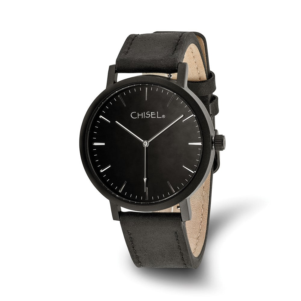 Chisel Matte Black IP-plated Black Dial Black Leather Band with Quick Release Watch 9 inches