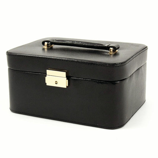 Black Lizard Textured Bonded Leather with Mirror and Top Handle Velour Lined Locking Jewelry Case with Removable Tray and Travel Case GM8764