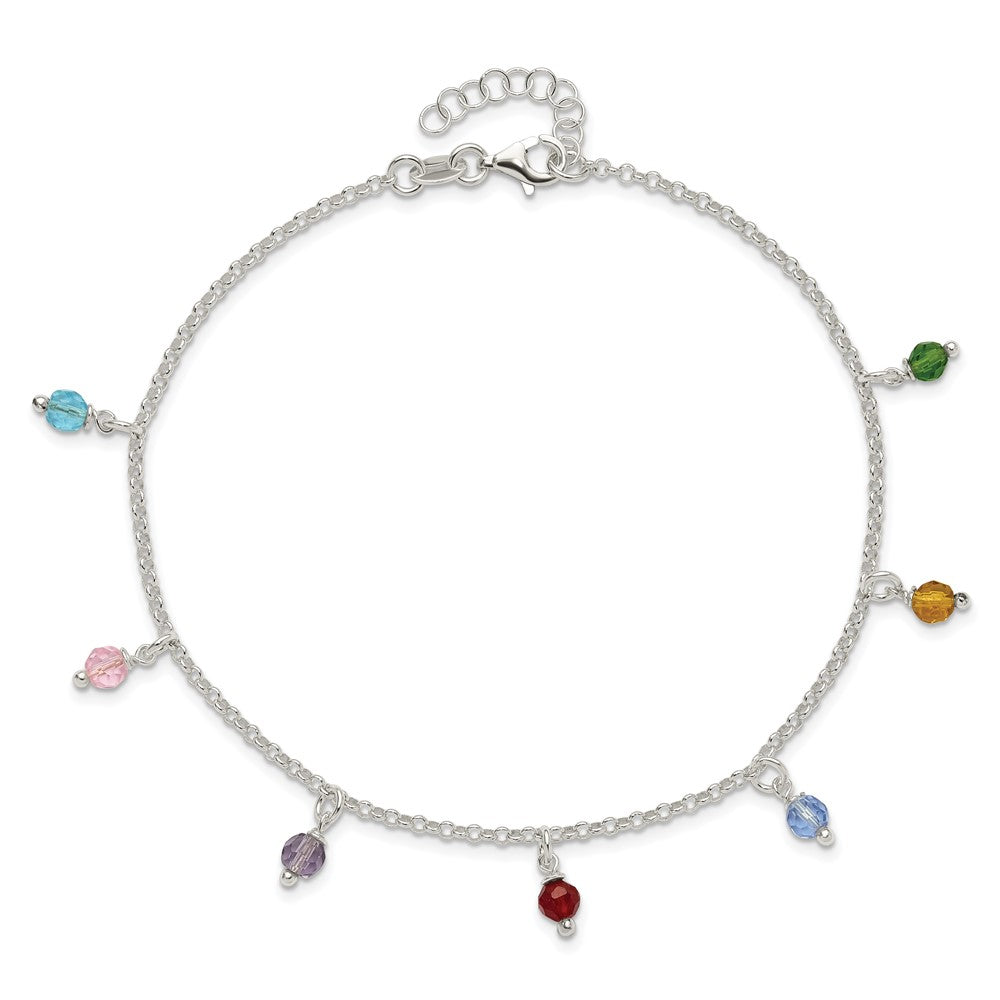 Sterling Silver Polished Multi-colored Beads 9in Plus 1in ext. Anklet 9 inches