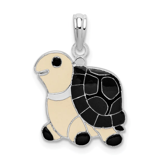 Sterling Silver Polished Enameled Brown Turtle Pendant