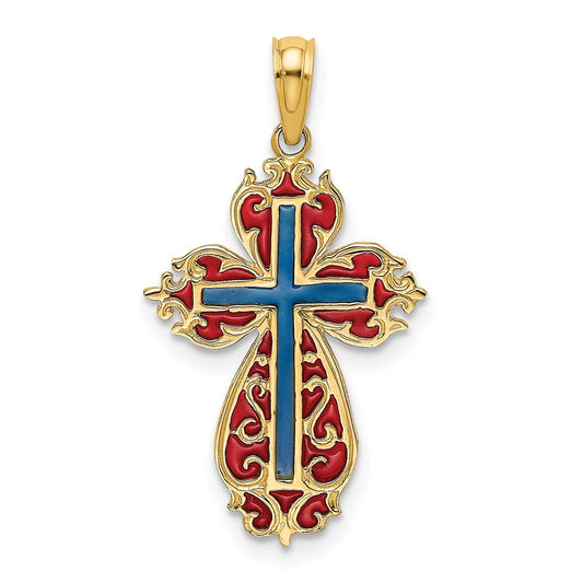 14K w/ Blue and Red Enameled Cross Charm