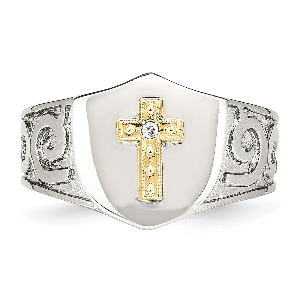 Stainless Steel Polished w/10K Gold Cross and .02ct Diamond Ring Size - 10