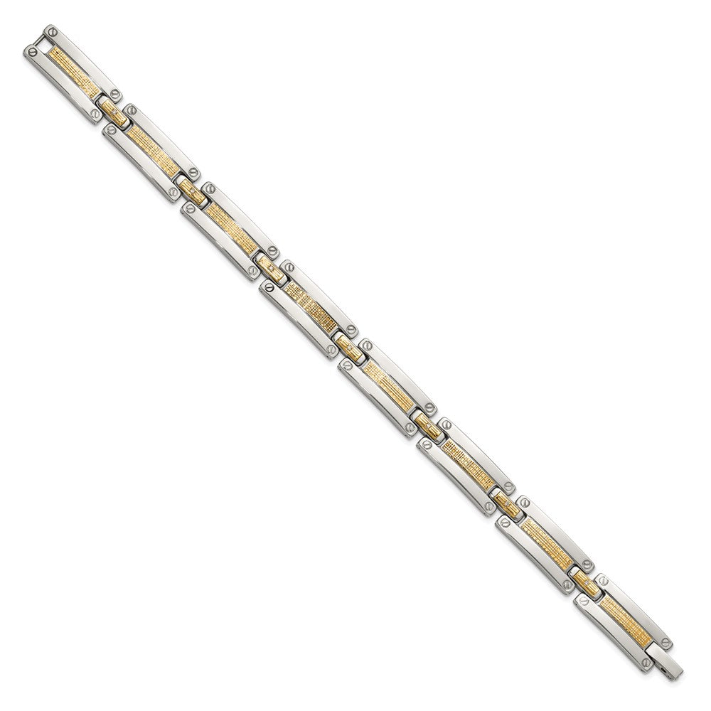 Chisel Stainless Steel Polished with 14K Accent Basket Weave and 1/15ct. Diamond 8.5 inch Bracelet 8.5 inches