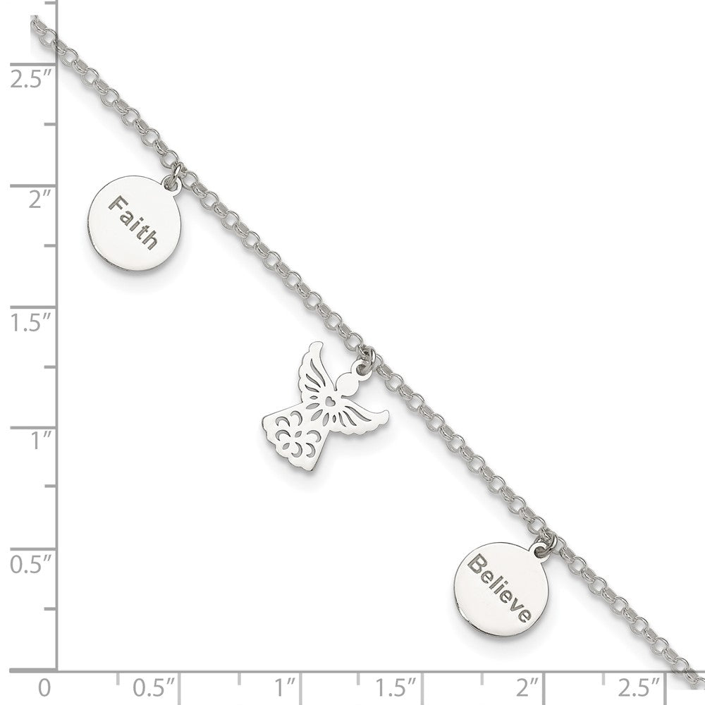 Sterling Silver Faith, Believe and Angel Dangles 9in Plus 1in Ext. Anklet 9 inches