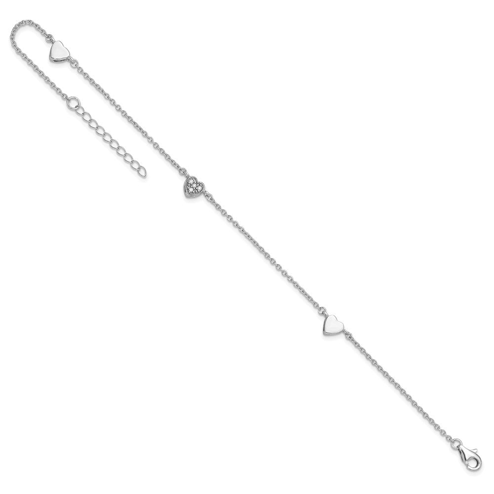 Sterling Silver Rhodium-plated CZ 9in Plus 1in Ext Heart Anklet 9 inches