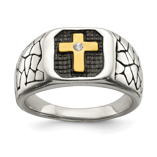 Stainless Steel Antiqued & Polished Yellow IP-plated w/Crystal Cross Ring Size - 12