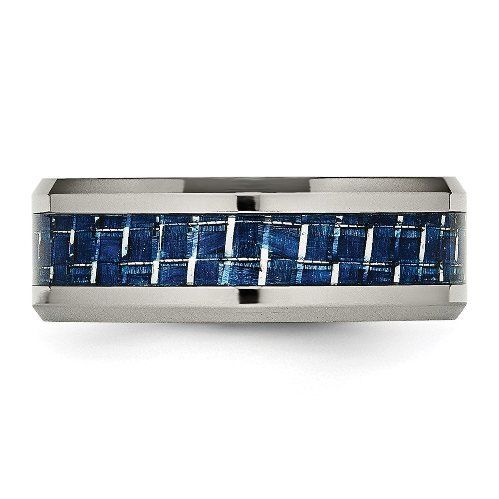 Titanium Polished w/Blue Carbon Fiber Inlay 8mm Beveled Edge Band Size - 7