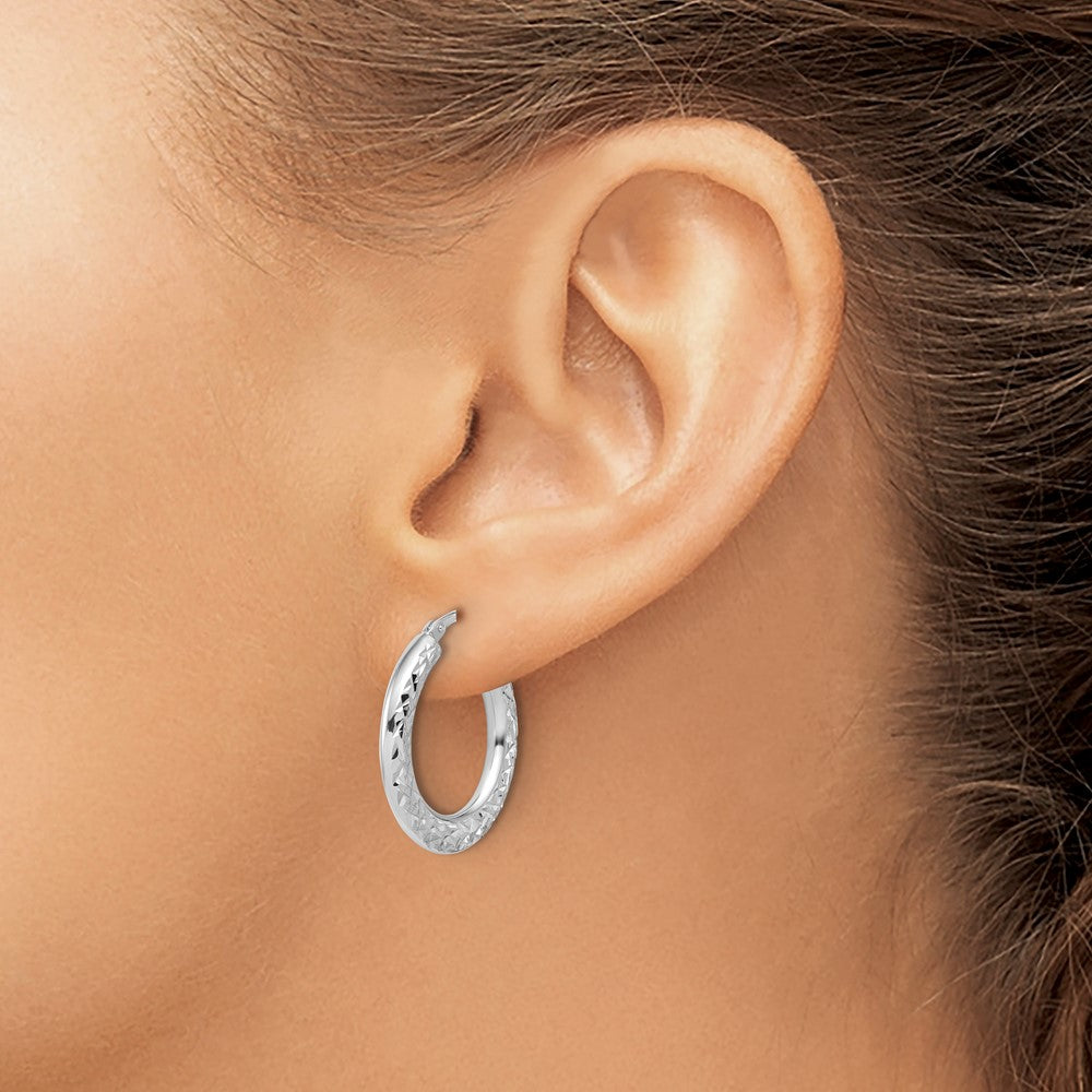 Sterling Silver RH-plated Polished / Dia-cut Hoop Earrings