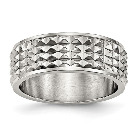 Stainless Steel Polished 8mm Studded Band Size - 9.5