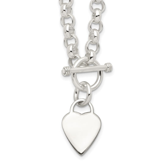 Sterling Silver Engraveable Heart Disc on Fancy Link Toggle Necklace 18 Inches