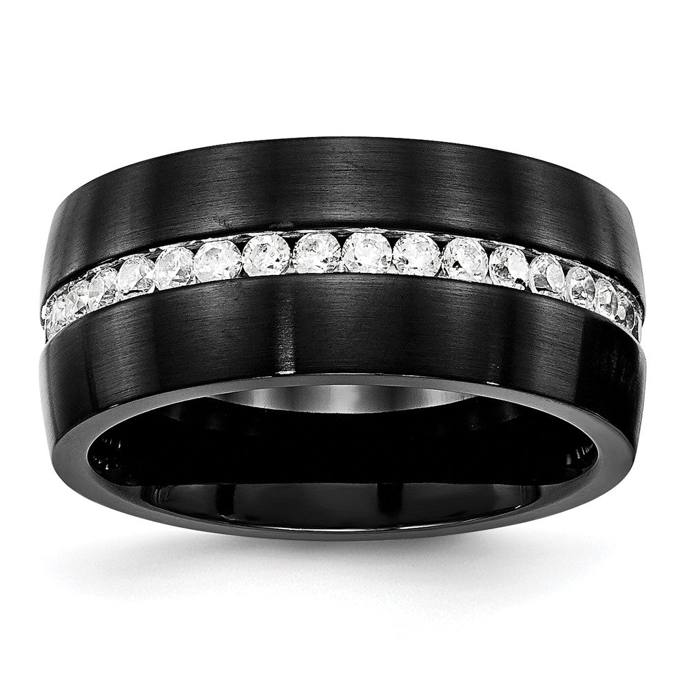 Stainless Steel Brushed and Polished Black IP-plated w/CZ 10mm Band Size - 7