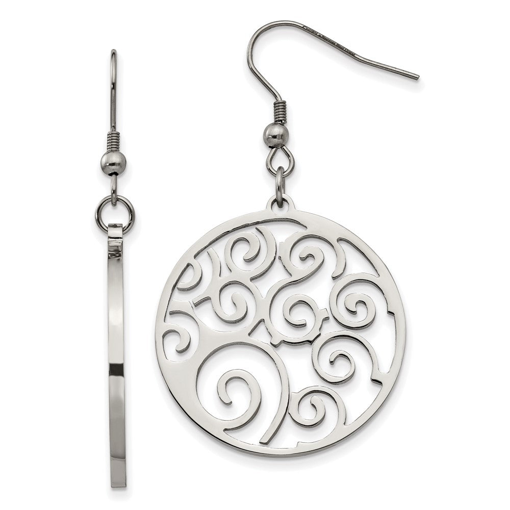 Stainless Steel Polished Fancy Swirl Cut out Dangle Shepherd Hook Earrings