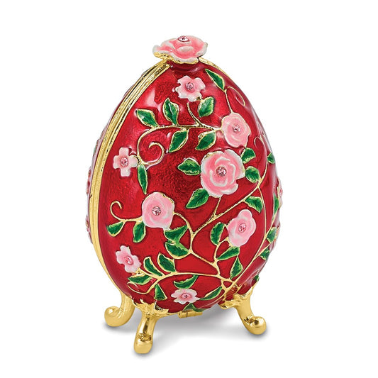 Luxury Giftware by Jere Bejeweled BLOOMER Red Floral Egg Trinket Box with Matching 18 inch Necklace