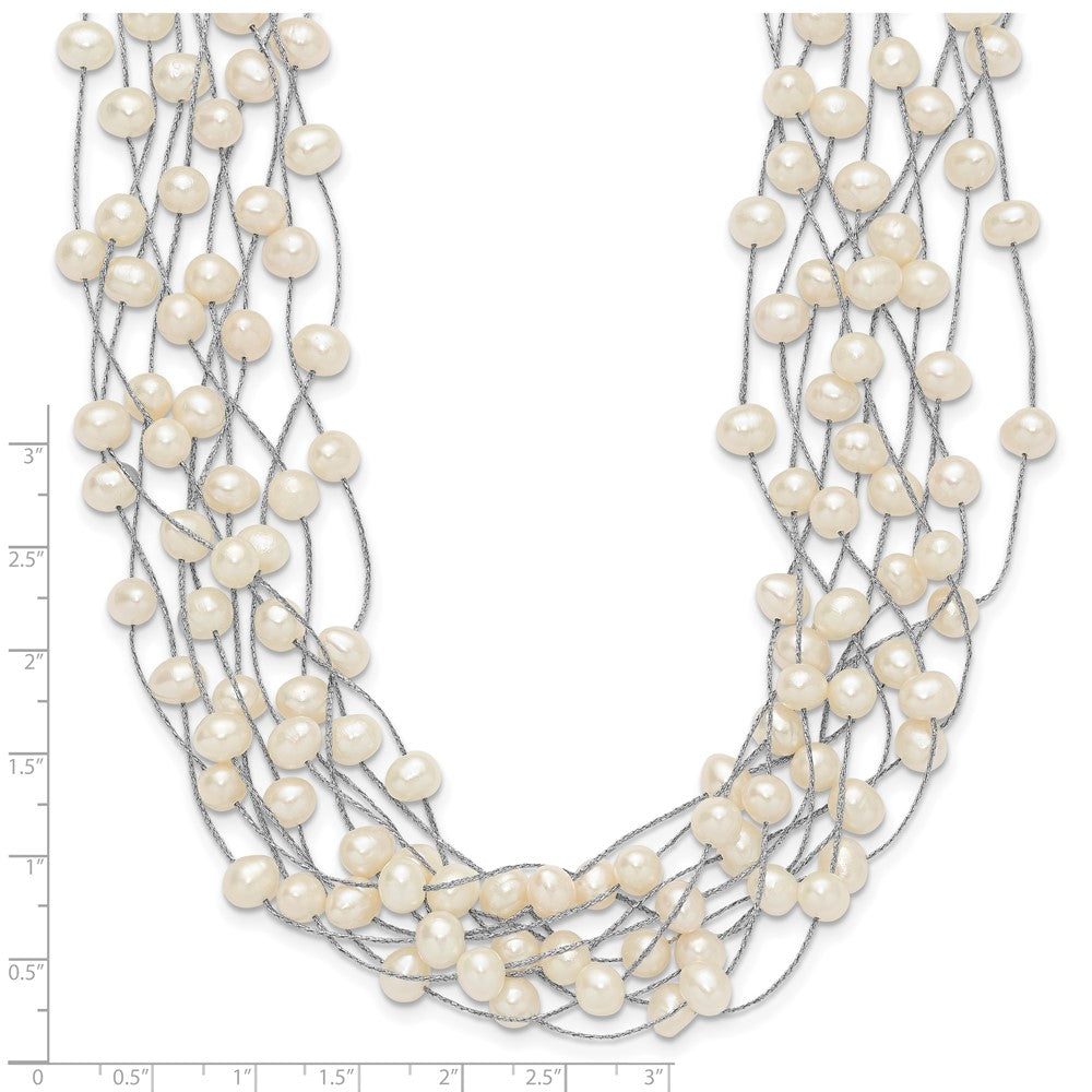 Sterling Silver Rhodium-plated 6-8mm White Semi-Round Freshwater Cultured Pearl Multi Strand 15 inch Necklace 15 Inches
