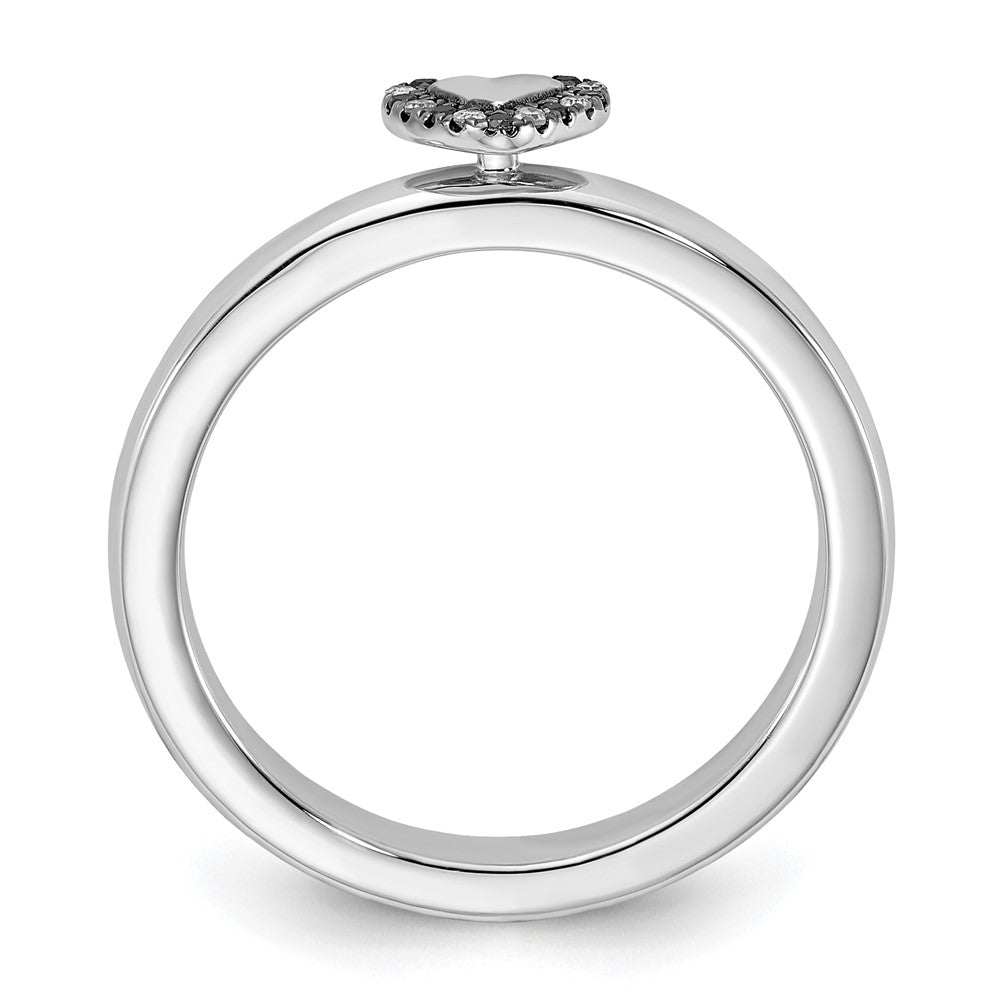 Sterling Silver Rhodium Plated Black & White Diamond Stackable Heart Ring