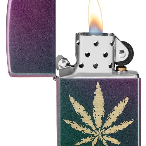 Zippo Brass Marijuana Leaf on Iridescent Violet Satin, Pocket Lighter