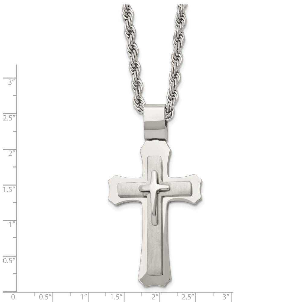 Stainless Steel Brushed and Polished Triple Layer Cross 24in Necklace